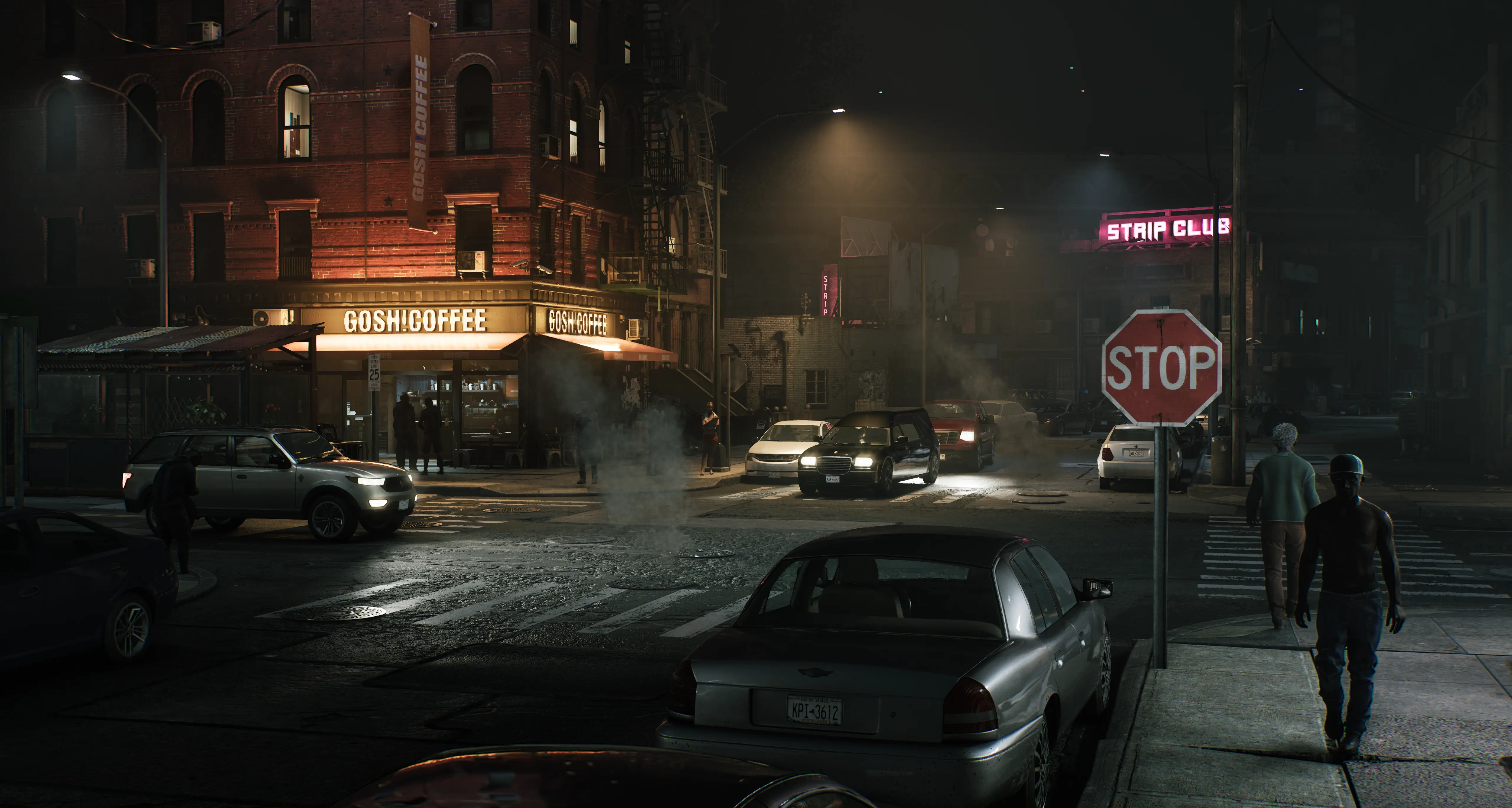 A nighttime New York city street in Hunter: The Reckoning - Deathwish game by TEYON, with a view on a Gosh!Coffee in the background.