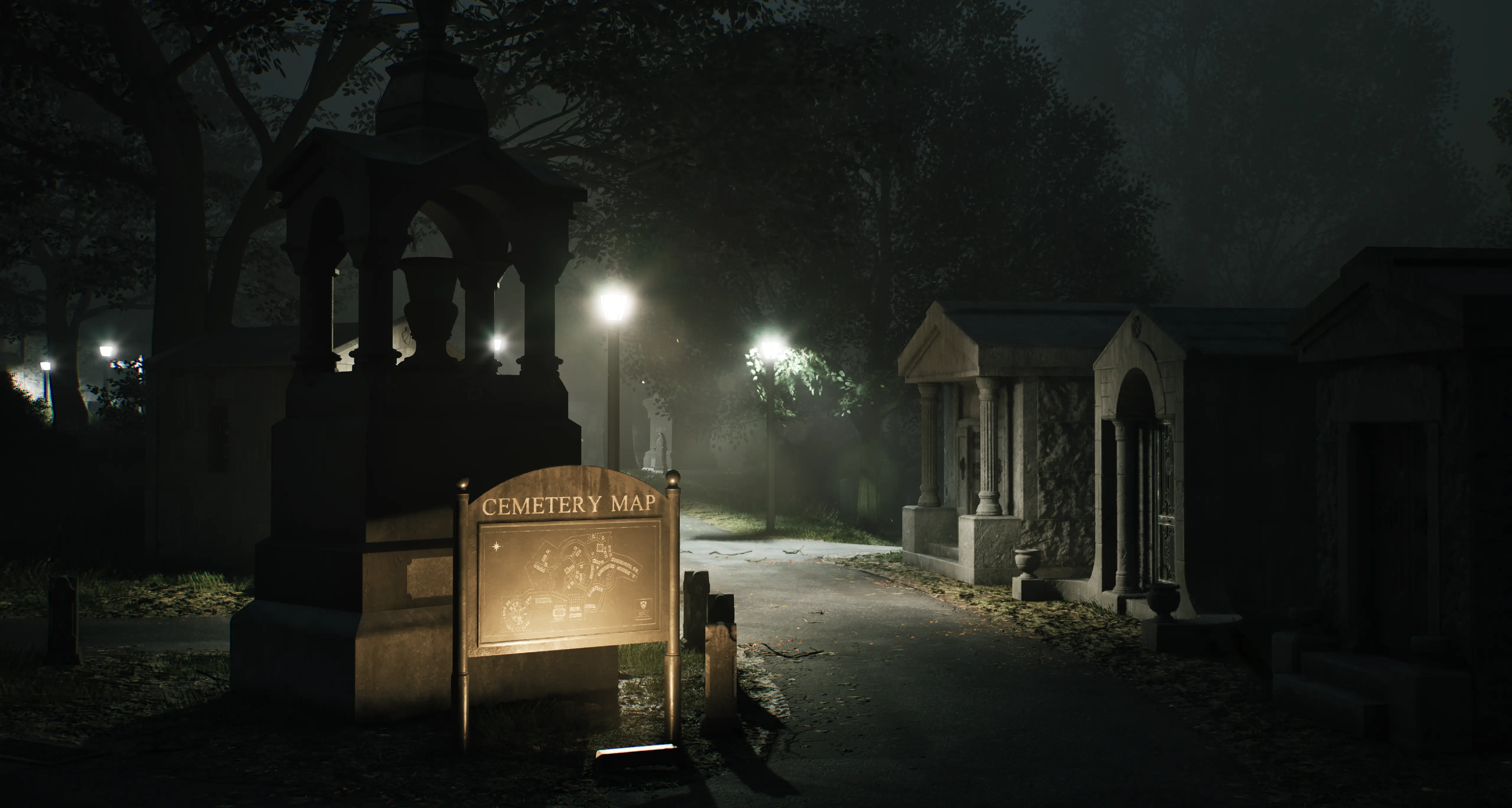 A nighttime view of a cemetary alley in Hunter: The Reckoning - Deathwish game by TEYON